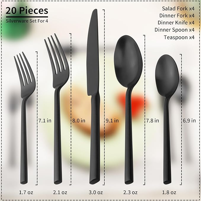 Alata Potter Black 20-Piece Forged Silverware Set, Service for 4 Stainless Steel Flatware Set, Modern Design with Satin Finish, Ideal for Home, Kitchen, Party, Camping-Ruum Studio Home