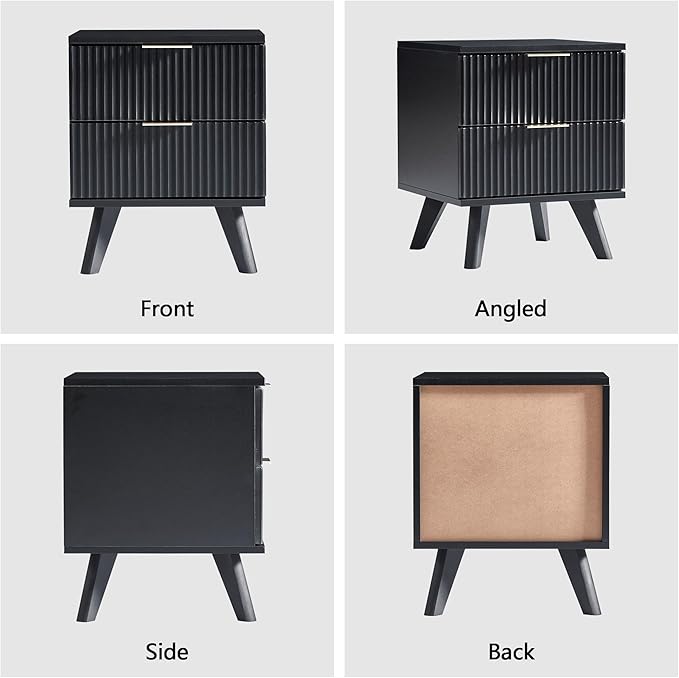 Fluted Nightstand Set of 2, Mid Century Modern 2 Drawer Dresser for Bedroom, Small Dresser Night Stand Side Table End Table with Wood Fluted Drawer Storage for Bedroom Closet(Black)-Ruum Studio Home