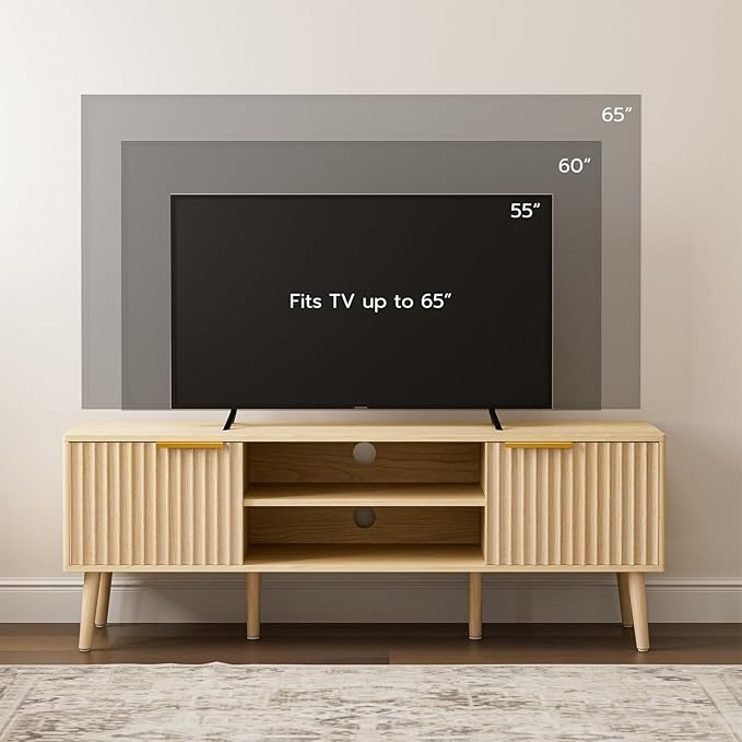TV Stand for Living Room, Boho Entertainment Center for 55/60/65 inch TVs, Media Console with Fluted Door Cabinets and Open Shelves, for Bedroom, Oak-Ruum Studio Home