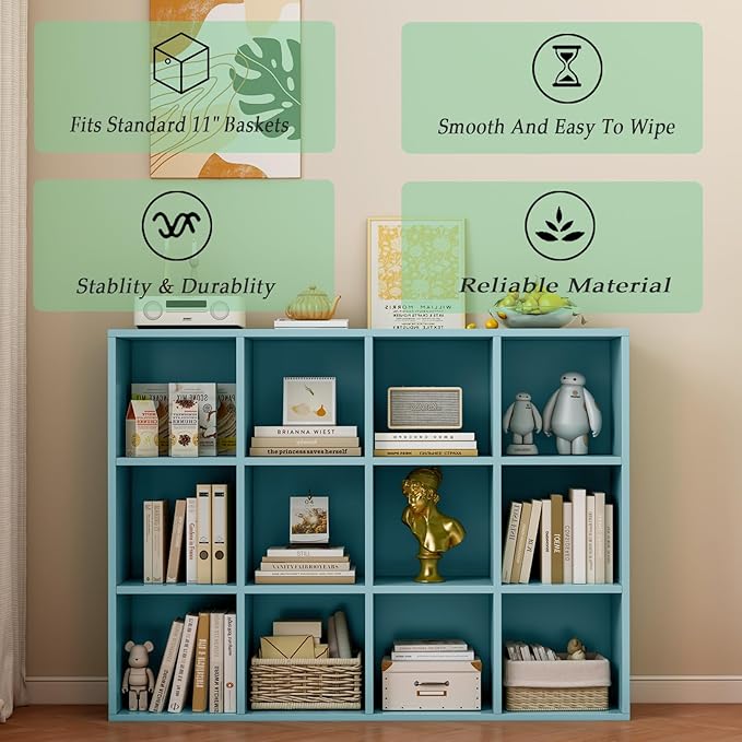 12-Cube Storage Shelf Bookcase - Wooden 3-Tier Floor Standing Open Bookshelf for Home and Office, Display Cabinet, Light Blue-Ruum Studio Home