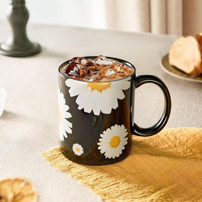 12Oz Daisy floral Black Ceramic Mug, Mug for Daily Coffee and Tea, Lead-free Microwave and Dishwasher Safe Coffee Mug, Perfect gifts for Women and men-Ruum Studio Home