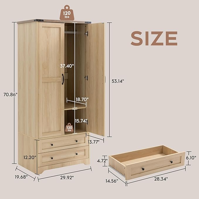 Brafab Wooden Armoire Wardrobe Closet with 2 Modern Doors, 71" Tall Freestanding Closet Wardrobe Cabinet with Drawers and Hanging Rail, Storage Cabinet with Shelve for Bedroom (Natural, 2 Doors)-Ruum Studio Home