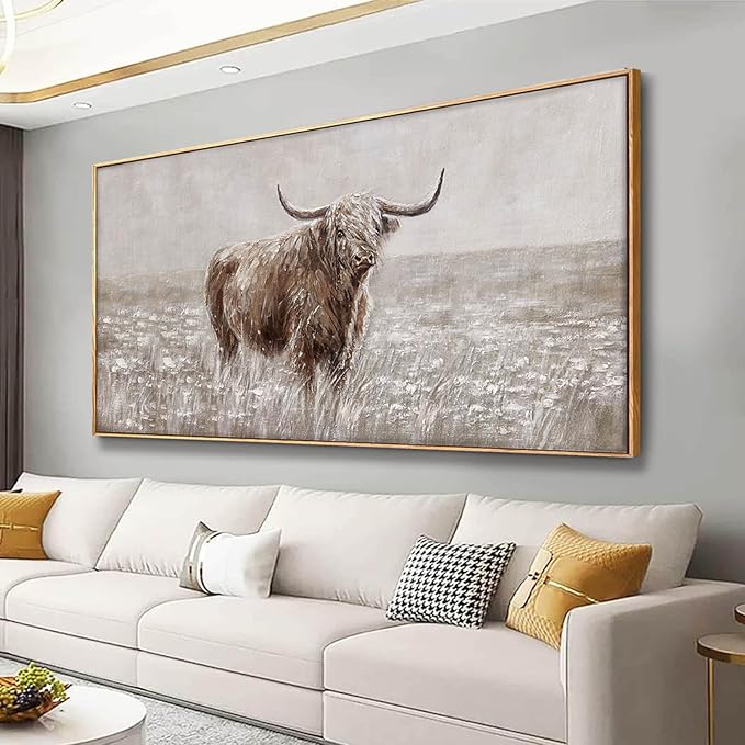 Farmhouse Highland Cow Wall Decor on Canvas with Framed Large Landscape Brown Artwork for Bedroom Living Room Office Decor 29x58 Inch-Ruum Studio Home