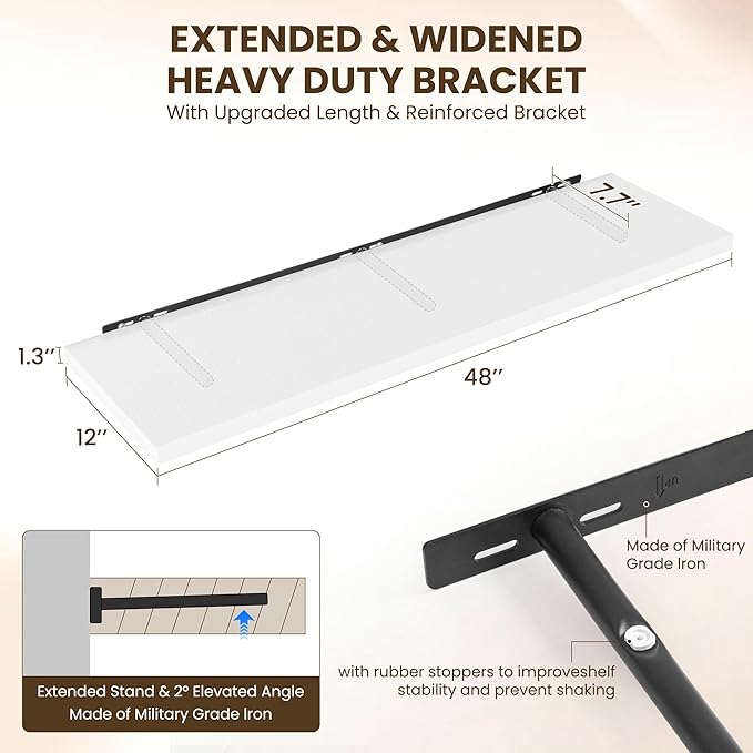 48" Floating Shelves for Wall, 12" Deep Slim White Floating Shelves, Wall-Mounted Shelves for Bedroom, Living Room, Kitchen, Bathroom - Set of 2-Ruum Studio Home