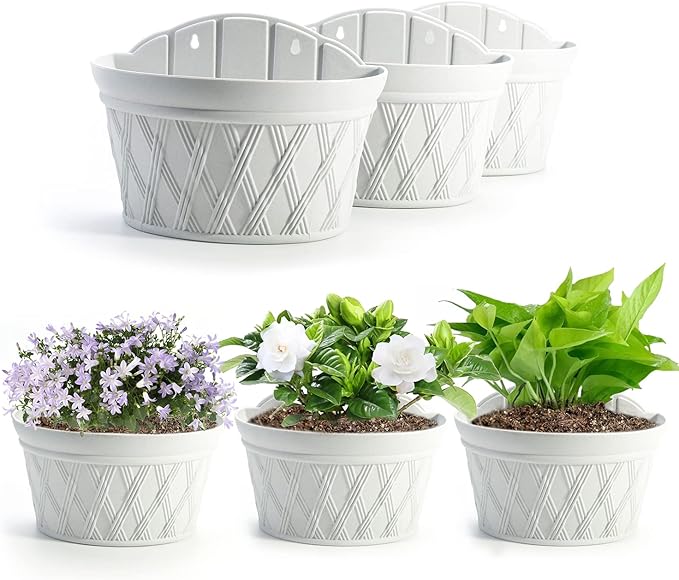 Sungmor Wall Hanging Planters,11.5 Inch Hanging Flower Pots for Railing Fence - Indoor Outdoor Balcony Wall Hanging Basket, Plastic Plant Pot Container - Half Round & 3PC Pack & Grey White-Ruum Studio Home