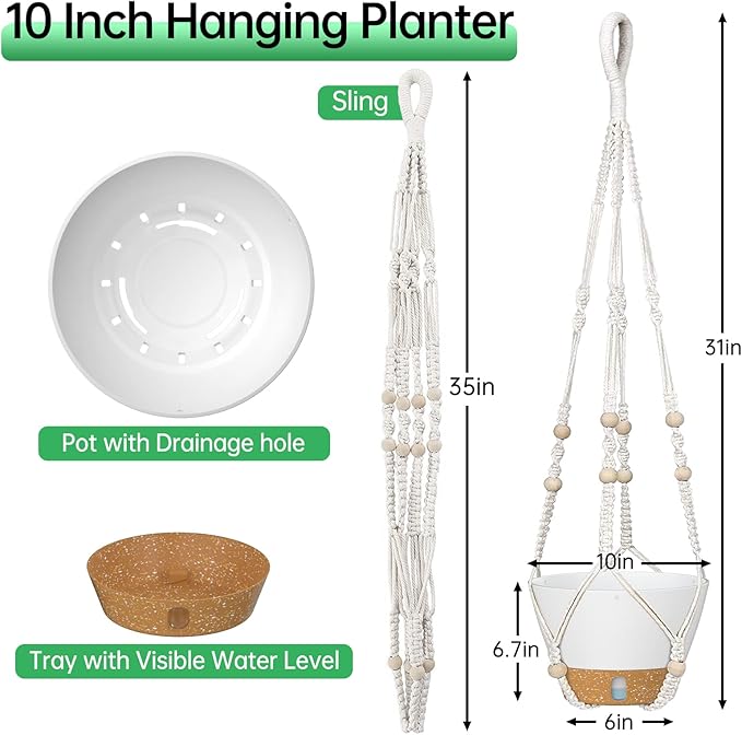 ZMTECH 2 Pack 10 Inch White Hanging Planters with Macrame Plant Hanger for Indoor and Outdoor Plants, Self Watering, Drainage Hole, Visible Level Tray-Ruum Studio Home
