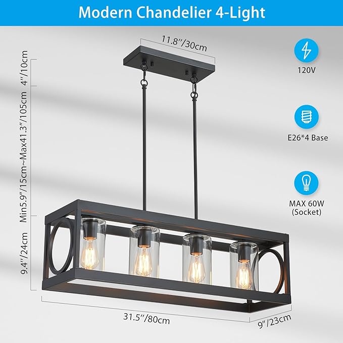 XINGQI Black Kitchen Island Light Fixtures Over Table, 31.5" Rectangular Linear Chandeliers Farmhouse Dining Room Pendant Ceiling 4-Light with Glass Lampshade for Living Room Bar Office-Ruum Studio Home