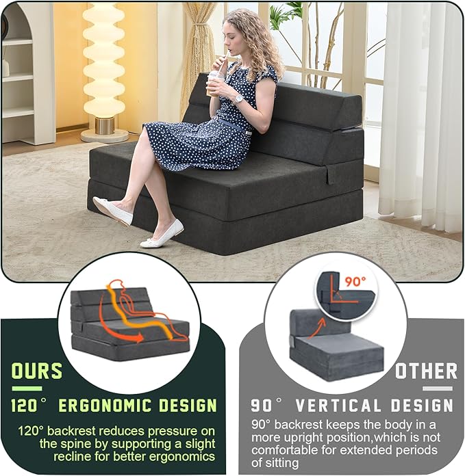 jela Foldable Sofa Bed Soft Foam Convertible Sleeper Chair Luxury Miss Fabric Fold Out Chair Bed Floor Couch with Back Support Floor Sofa for Living Room Bedroom (Twin,Dark Gray)-Ruum Studio Home