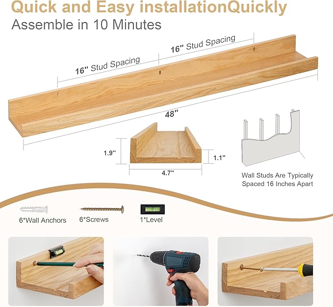 Floating Picture Ledge Shelves 48 Inch Solid Oak Wood Set of 2, Rustic Wall Storage Shelves with Lip, Kids Bookshelf, Photo & Picture Ledge Shelves for Bedroom, Living Room, Kitchen-Ruum Studio Home