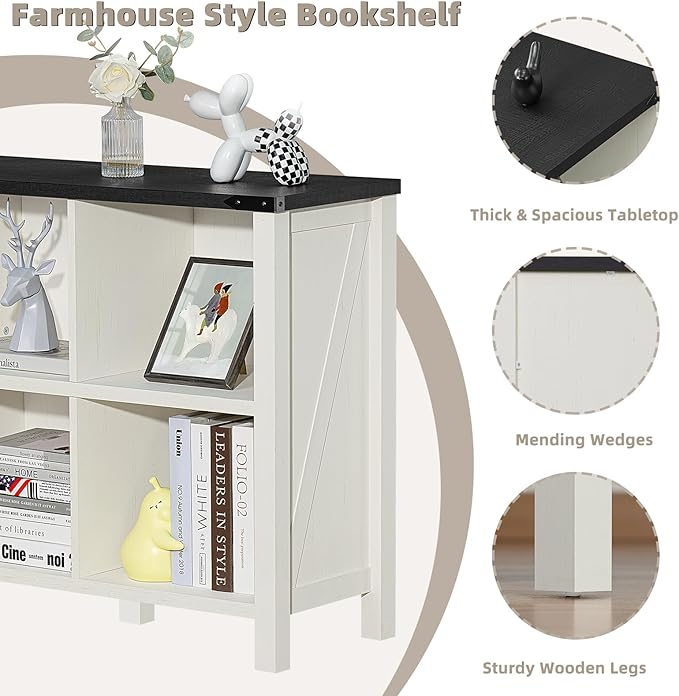 8 Cube Book Shelf, Farmhouse Wood Long Storage Organizer Bookcase, 62" Horizontal Antique White & Black Console Bookshelf, Kids Toy Storage Cabinet, Modern Open Book Case for Playroom, Office-Ruum Studio Home
