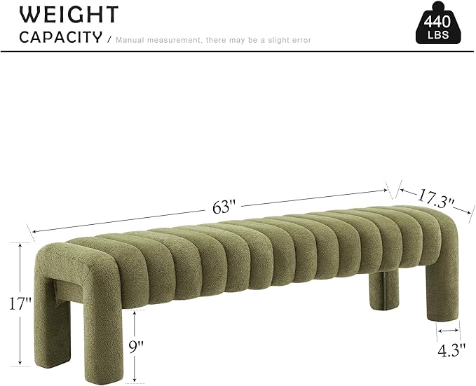 63" Bedroom Bench, Upholstered Entryway Bench, Modern End of Bed Ottoman with Solid Wood Legs and Adjustable Foot Pegs for Entryway, Dining Room and Living Room, 440lbs (Green Boucle)-Ruum Studio Home