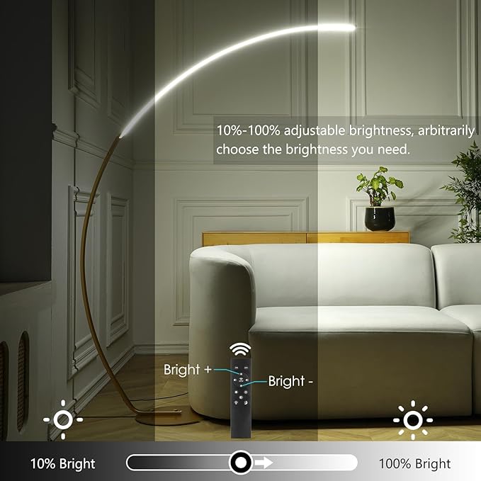 NUÜR Arc Floor Lamp, 67" Tall Gold LED Modern Standing Floor Lamp with Remote Control, Arched Bright Floor Lamps for Living Room Bedroom Office Home-Ruum Studio Home