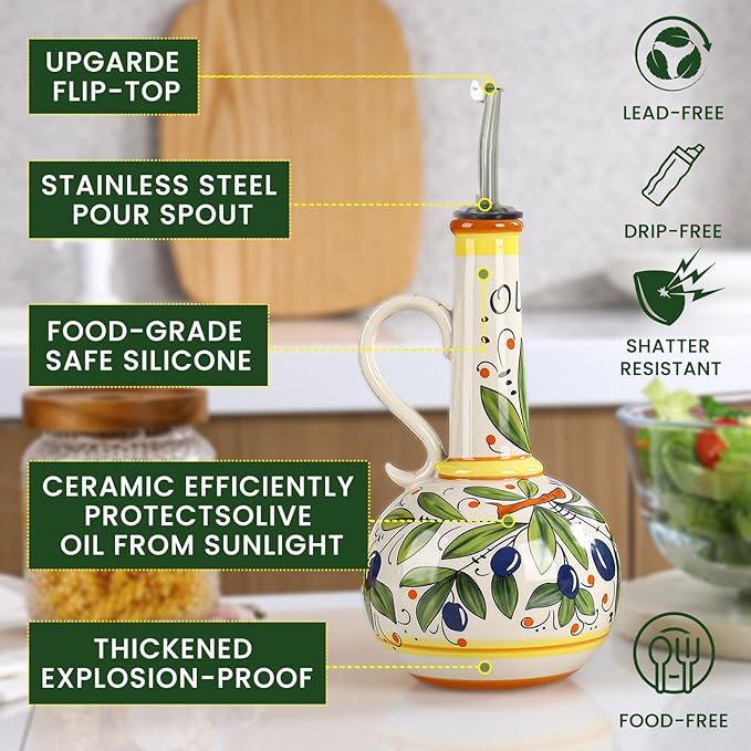 18 oz Ceramic Olive Oil Dispenser Bottle for Kitchen, Large Capacity Oli and Vinegar Cruet with Stainless Steel Spout, 540 ml Oil Container with Handle for Cooking Preventing, Vinegar Cruet-Ruum Studio Home