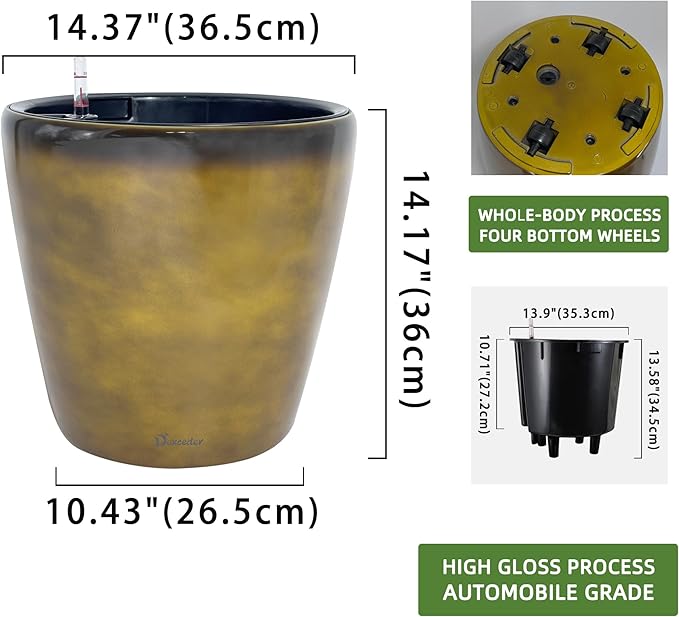 Dexceder 15x14 Self Watering Planter with Wheels Indoor Outdoor, Inner Pot Design, Thickened Large Floor Standing Flower Plant Pot with Water Level Indicator (Yellow Brown Gradient)-Ruum Studio Home