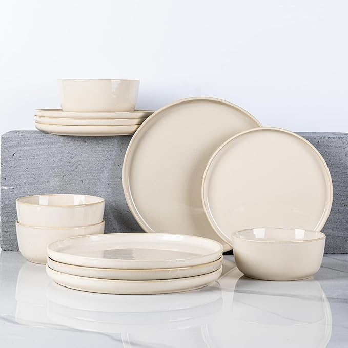 GBHOME Ceramic Dinnerware Sets for 4, 12 Pieces Stoneware Plates and Bowls Sets, Scratch Resistant Dishes, Dishwasher & Microwave Safe, Reactive Glaze-Vanilla color-Ruum Studio Home