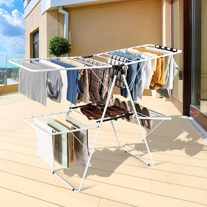 COSTWAY Clothes Drying Rack, Foldable 2-Level Laundry Drying Rack w/Height-Adjustable Wings, 33 Drying Rails & Sock Clips, Standing Large Drying Rack for Clothing, Indoor Outdoor Use-Ruum Studio Home