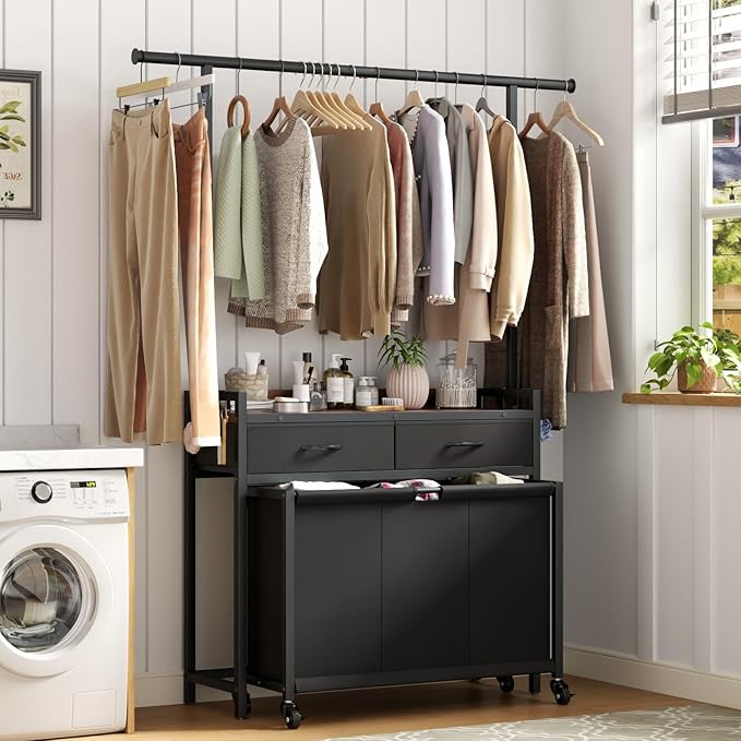 Laundry Sorter Hamper with Hanging Cloth Rack, Laundry Basket with 3 Section Pull-Out Rolling Bags, Laundry Sorter for Organization and Storage with 2 Drawers for Laundry Room (Vinatge Brown)-Ruum Studio Home