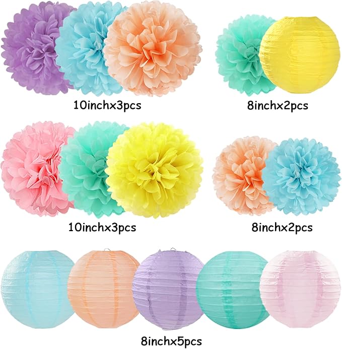 Pastel Rainbow Colorful Party-Decorations Paper Flowers Lanterns - 15PCS Birthday Classroom Baby Shower Tissue Pom Poms Streamers, Macaron Carnival Theme Hanging Supplies Decor Hugfond-Ruum Studio Home