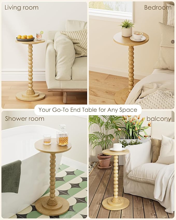 Masupu Round Side Table, Small End Table for Small Spaces, Pedestal Drink Table with Solid Wood Leg for Living Room, Bedroom, Corners(Natural)-Ruum Studio Home