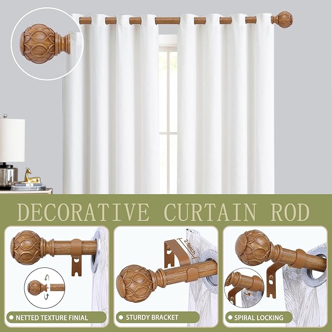 2 Pack Wood Curtain Rods for Windows 66 to 120 Inch,1 Inch Adjustable Curtain Rod Set,Heavy Duty Curtain Rods,Wooden Netted Texture Drapery Rods,Single Window Curtains Rods 66-120",Brown Wood-Ruum Studio Home