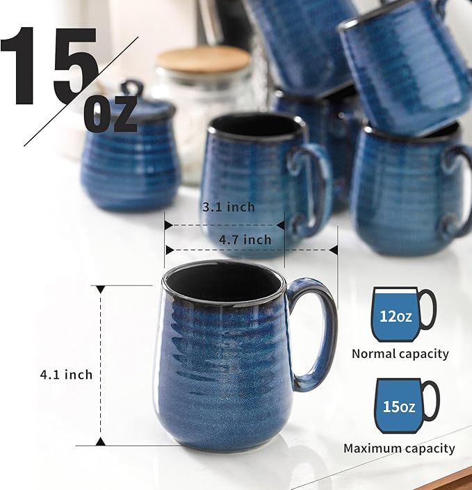Hasense Coffee Mugs Set of 6, 12 Ounce Coffee Cups Set with Handle, Ceramic Tea Mugs for Kitchen, Blue Latte Mugs for Coffee,Cocoa, Tea, Stylish Mug Gift, Dishwasher and Microwave Safe-Ruum Studio Home