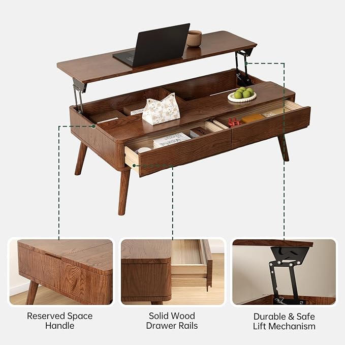 100% Solid Wood Lift Top Coffee Table for Living Room, Mid Century Modern Tables with Drawers and Large Storage, Oak Wood Coffee Tables for Small Spaces (Oak Walnut Color, 47.24"W x 23.62"D x 25.59"H)-Ruum Studio Home