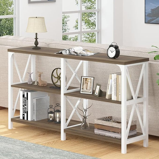 LVB Farmhouse Entryway Table, Industrial Wood Sofa Table with Storage Shelf, Modern Console Tables Behind Couch for Living Room, Wooden Hallway Foyer Table for Front Entry, White Rustic Oak, 55 Inch-Ruum Studio Home