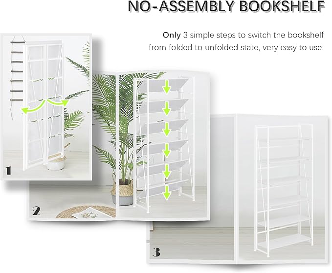 4NM No Assembly Foldable Bookshelf, 6-Shelf Collapsible Bookcase Storage for Small Spaces, 74" H, All White-Ruum Studio Home