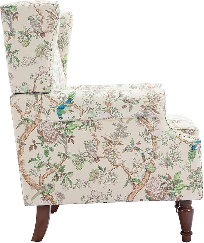 UIXE High Back Accent Chairs Set of 2, Fabric Upholstered Armchair for Living Room, Retro Printed Wingback Arm Chair Rivet Trimed Single Sofa Bedroom Reading Seat - Bird Floral-Ruum Studio Home