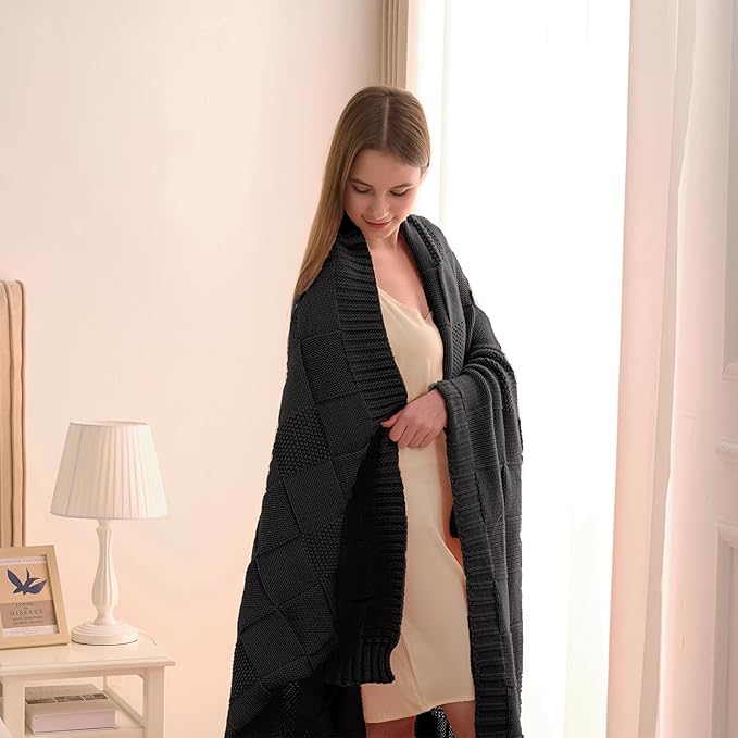 CozeCube Check Knit Throw Blanket, Jet Black Checkered Throw for Couch, Decorative Christmas Soft Cozy Warm Knitted Blanket for Bed Sofa Living Room, 50"X60"-Ruum Studio Home