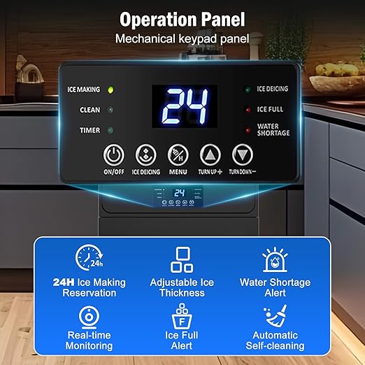 Commercial Ice Maker Machine 100 LBS/24H, 36 Ice Trays Freestanding & Undercounter Ice Machine Stainless Steel with 20 LBS Ice Storage Capacity, Ice Maker with Water Line, Dual Water Inlet, Black-Ruum Studio Home