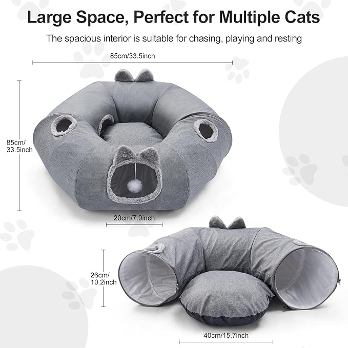 Odoland Summer Linen Cat Tunnels for Indoor Cats with Cooling Central Cat Bed, Interactive Cat Toys Detachable Soft Mat and Variety Kitty Toy Set Grey-Ruum Studio Home