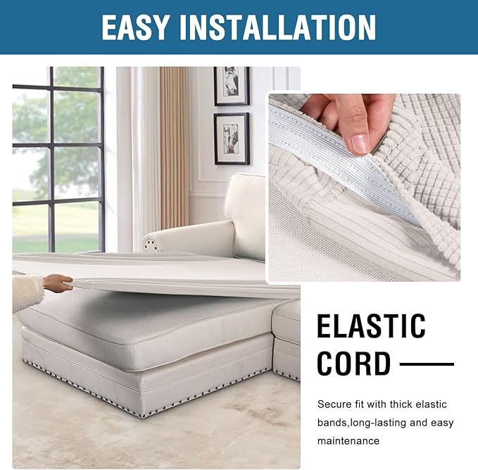 H.VERSAILTEX Super Stretch Individual Chaise Cover Sectional Couch Covers for L Shaped Sofa Both Left/Right Featuring Thick Jacquard Textured Twill Fabric (1 Piece Chaise Cover Large, Ivory)-Ruum Studio Home