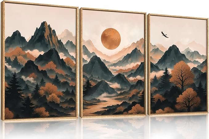 Large Boho Mountain Framed Canvas Wall Art Set, Brown Ridge Landscape Wall Decor, Pine Tree Scenery Wall Painting, Abstract Wilderness Art Print for Living Room, Bedroom, Office - 16"X24"X3-Ruum Studio Home