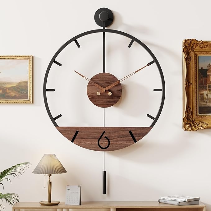 30.7×20 Inch Large Modern Decorative Pendulum Wall Clock,Big Metal Farmhouse Oversized Silent Wall Clocks Minimalist Elegant Walnut Dial Pointers for Living Room,Office,Dining Room Decor-Ruum Studio Home