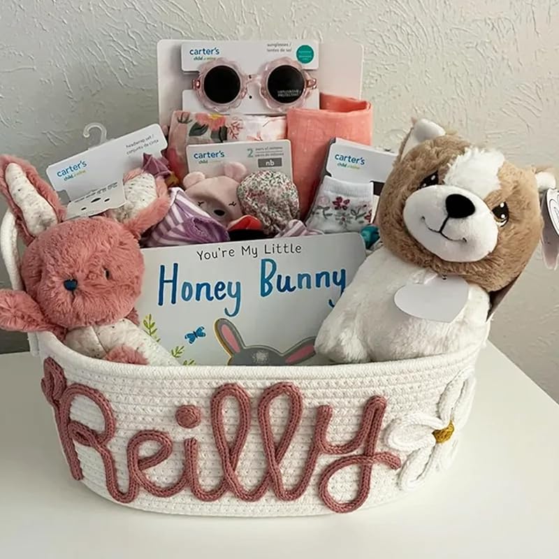 Personalized Baby Name Basket, Custom Woven Baby Shower Gift Basket with Cotton Rope Handle Baby Diaper Nursery Shelf Storage Basket Bin for Kids' Bedroom (Style 1)-Ruum Studio Home