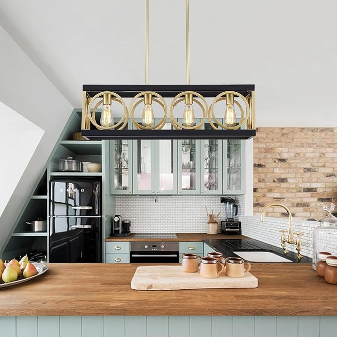 XINGQI Modern Rectangle Chandelier, Farmhouse Kitchen Island Lighting Rustic Industrial Hanging Light Fixture 4-Light Metal Linear Pendant for Dining Room Living Room Hallway, Black and Gold-Ruum Studio Home