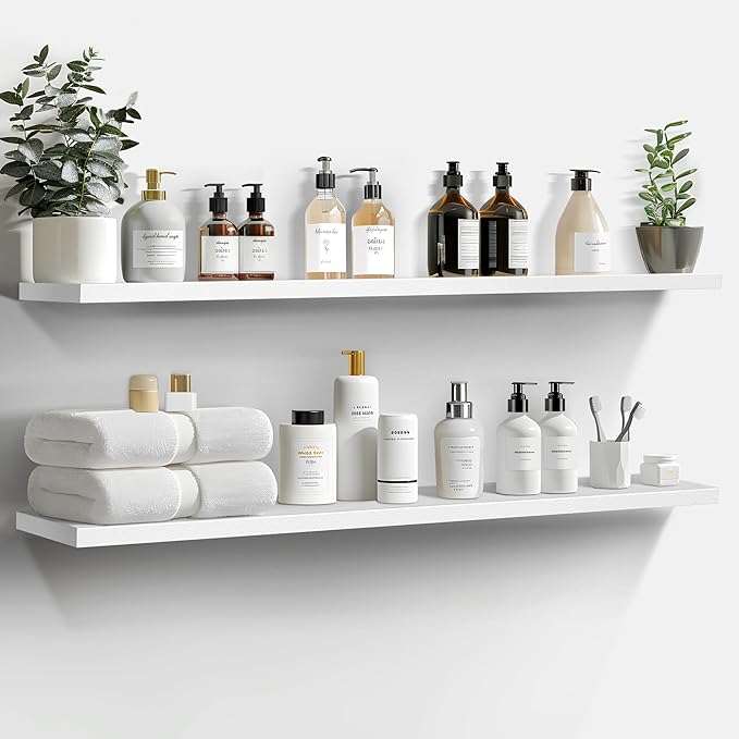 LaVie Home Floating Shelves, 47 Inch Wall Shelf Set of 2, Hanging Shelf with Invisible Brackets, Wall Decor for Bathroom, Bedroom, Living Room, Kitchen Storage, Modern White-Ruum Studio Home