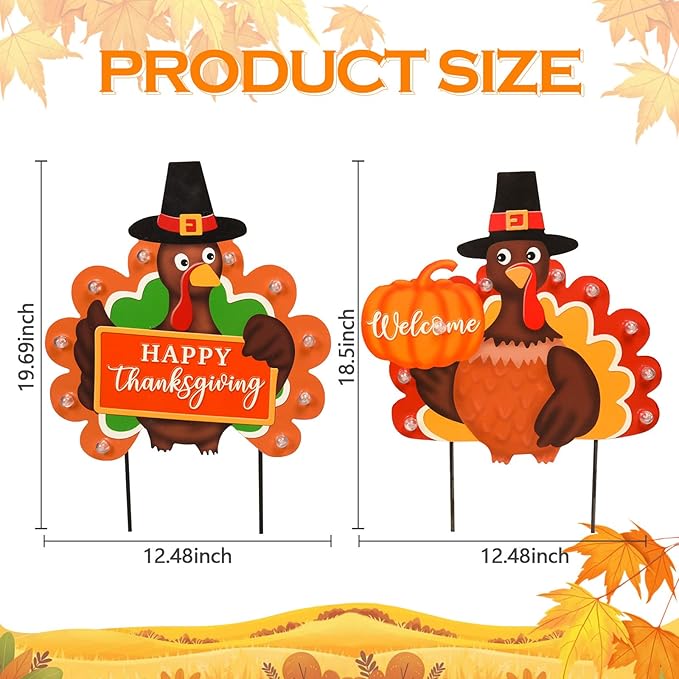 2 PCS Fall Decorations Outdoor Metal Happy Thanksgiving Decorative Garden Stakes with Led Light Welcome Pumpkin Turkey Yard Signs Fall Harvest Lawn Garden Lawn Pathway Decor-Ruum Studio Home