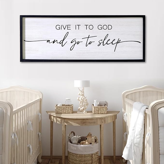 Give It to God and Go to Sleep Decorative Rustic Sign & Plaque Framed Wall Art for Couples, 40''×15'' Cottagecore Wooden Horizontal Wall Decor Above Bed, Vintage Farmhouse Wedding Gift for Bedroom-Ruum Studio Home