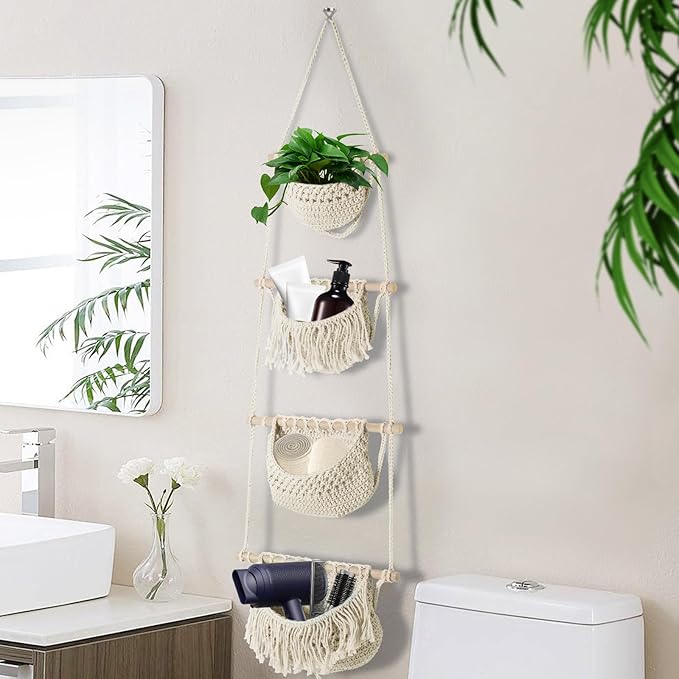 4 Tier Hanging Fruit Basket for Kitchen, Beige Boho Cotton Rope Crocheted Fruit Holder for Bathroom Bedroom, Detachable Wall Hanging Basket Shelves Over Door Organizer for Fruits Veggie Plant Decor-Ruum Studio Home