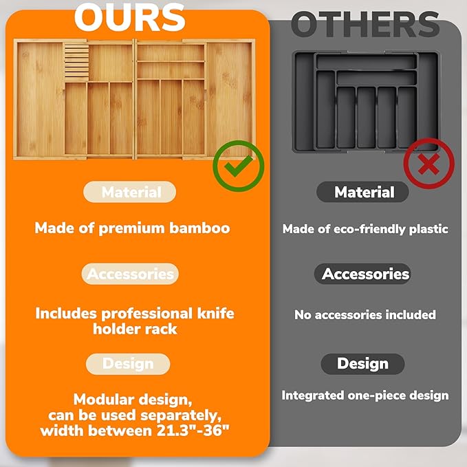 BAMEOS Expandable Silverware Drawer Organizer with Removable Knife Blocks, Bamboo Kitchen Utensil Holder from 21" to 36", Large Cutlery Tray with Divider for Forks, Spoons, Knives-Ruum Studio Home