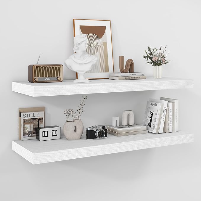 Fun Memories Floating Shelves - 2 Pack 12 Inch Rustic Wooden Wall Shelves - Extra Deeper & Thicker Wall Mounted Storage Shelf for Living Room, Kitchen, Farmhouse - 36" W x 12" D x 1.8" H - White-Ruum Studio Home