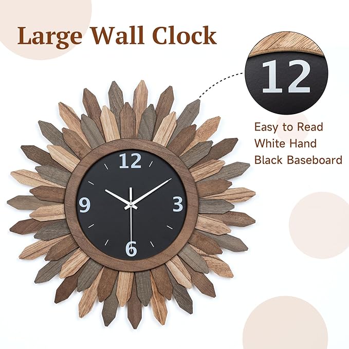 Honiway 14 Inch Wall Clock, Rustic Wood Boho Sunburst Decorative Wall Clocks Battery Operated Silent Non Ticking Farmhouse Small Wall Clocks for Living Room Kitchen Bedroom Home Decor (Tricolor)-Ruum Studio Home