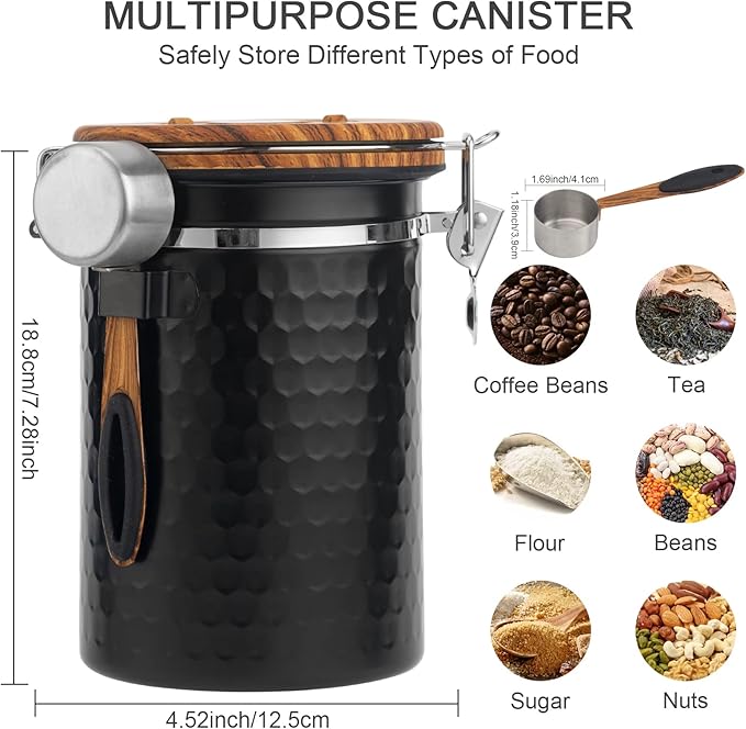 TEDSWAIT Coffee Canisters Airtight Coffee Bean Storage Container Kitchen Stainless Steel Food Storage Container with Scoop Date Tracker & CO2 Valve 61Fl Oz (Diamond Black)-Ruum Studio Home