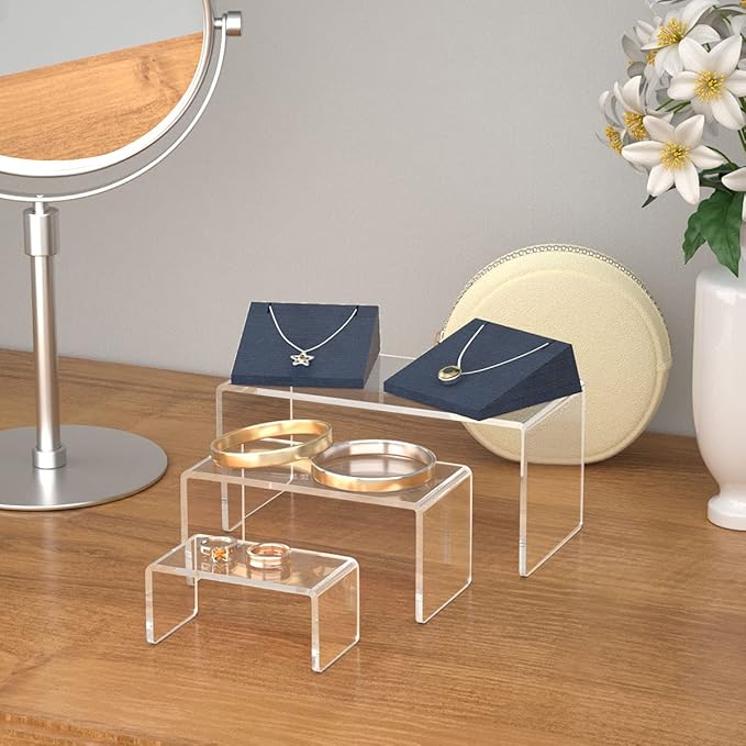 HIIMIEI Acrylic Risers for Display Clear 3-Tier Risers Stands Showcase for Amiibo Funko Pop Figures, Dessert, Jewelry-8.4"x 6.3"x 4.3" (2 Sets)-Ruum Studio Home