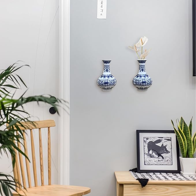 Set of Two Blue and White Porcelain Wall Vases for Flowers – Handmade Chinoiserie Ceramic Wall Mounted Flower Vase, Decorative Hanging Vases for Living Room, Bookshelf & Indoor Décor-Ruum Studio Home