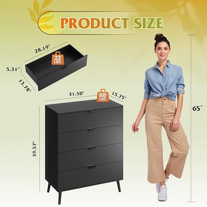 WLIVE 4 Drawer Dresser for Bedroom, Tall Wood Dresser, Modern Black Dressers with Sturdy Metal Handle, Small Chest of Drawers for Living Room, Hallway-Ruum Studio Home