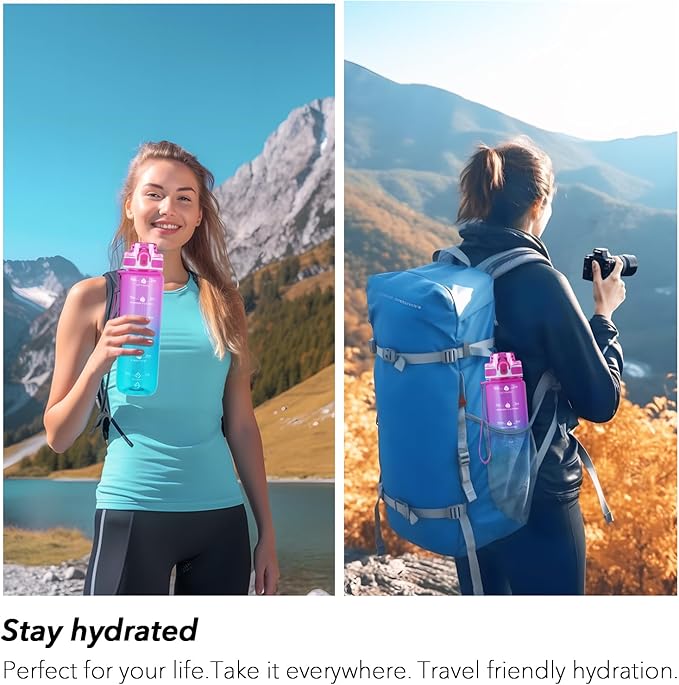 32oz Motivational Water Bottles with Time Marker & Fruit Strainer, Transparent Gradient Color Water Bottle with Times to Drink, Leakproof & BPA Free, Reusable Bottle with Strap (No Straw)-Ruum Studio Home