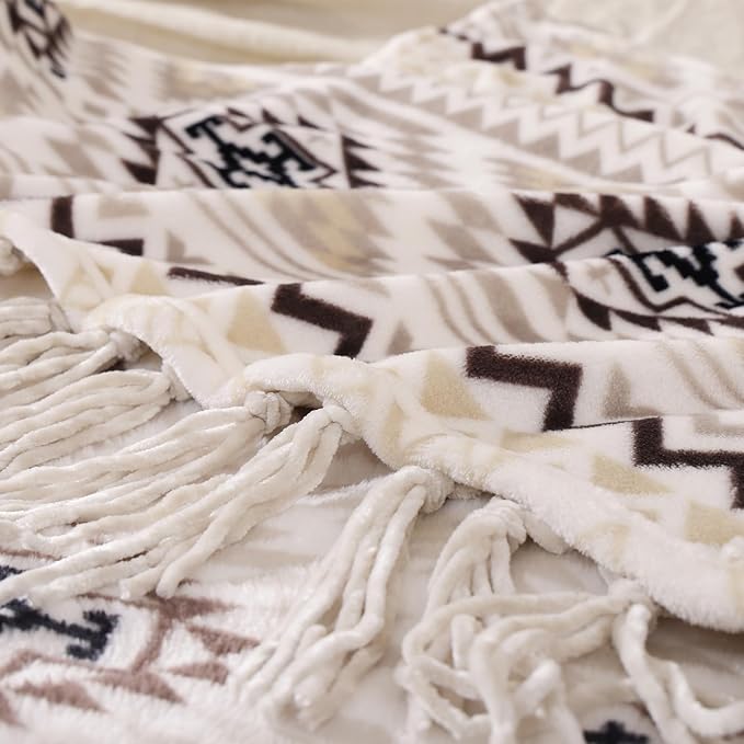 CASAAGUSTO Boho Throw Blanket - Beige and Gray Decorative Blankets with Tassel, Printed Flannel Bohemian Blanket for Chair, Bed, Sofa, Couch(60 * 80, Beige and Gray)-Ruum Studio Home